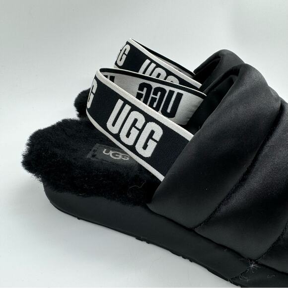 UGG Puff Yeah Slingback Wedge Slide Sandal Lounge Slipper Fuzzy Satin Black Sz 7 - Picture 3 of 12